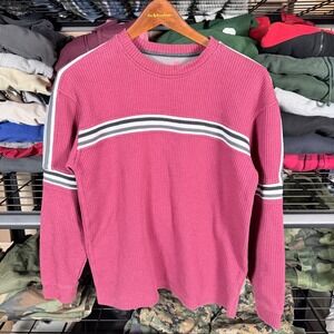 Y2K Graphic Ribbed Long Sleeve Sweatshirt Burgundy Striped Crewneck Mens M